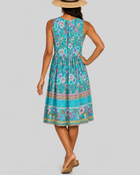 Women's Fashion Ethnic Style Blue Printed V-Neck Open Front Sleeveless Dress - BsBuy
