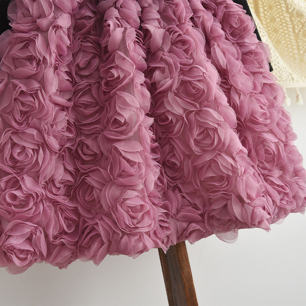 Girls Autumn Princess Dress – Rose Pattern, Large Bow & Long Sleeve - BsBuy