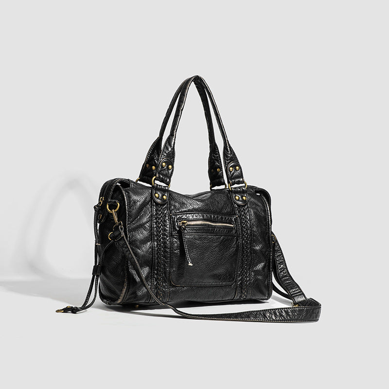 French retro motorcycle bag, single shoulder crossbody bag, tote bag, large capacity bag for women, washed bag - BsBuy