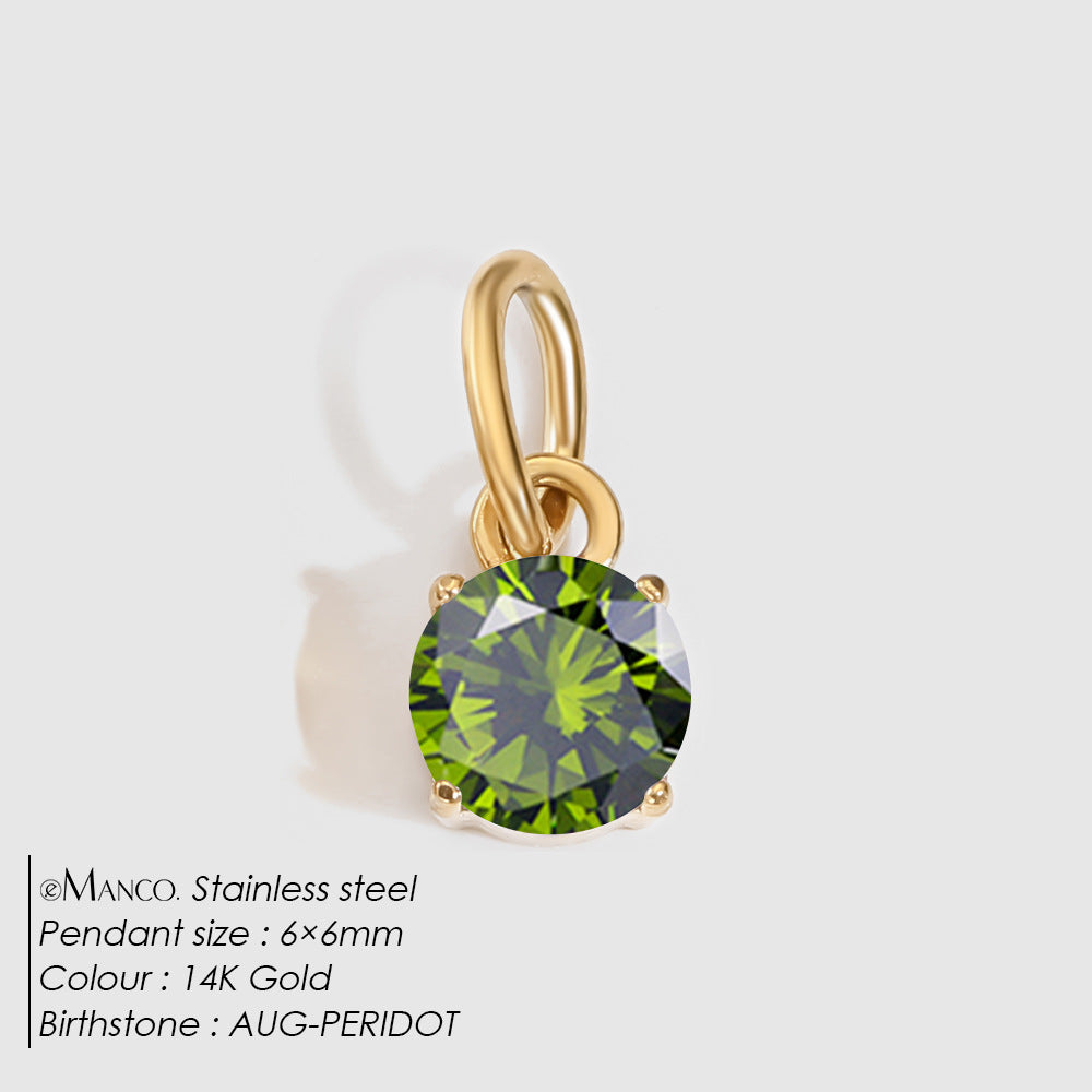Birthstone Zircon Necklace Pendant — Stainless Steel Round Charm | 12 Months | Gold & Steel - BsBuy