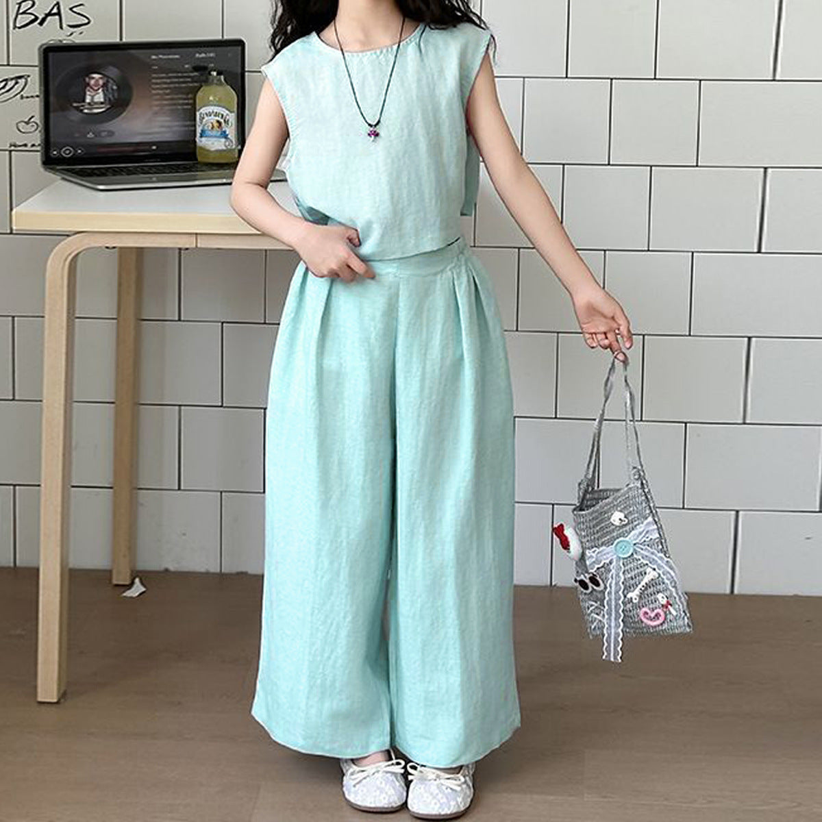 Casual Two-Piece Set for Girls Summer Sleeveless Top with Tie-Back Design and Straight-Leg Pants Mid to Large Size - BsBuy
