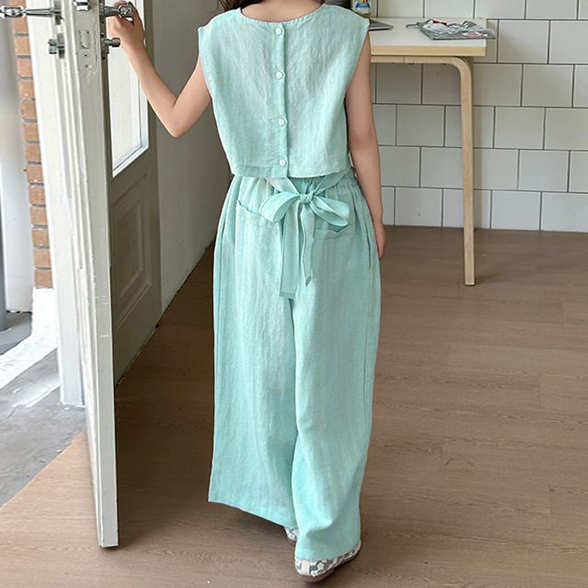 Casual Two-Piece Set for Girls Summer Sleeveless Top with Tie-Back Design and Straight-Leg Pants Mid to Large Size - BsBuy