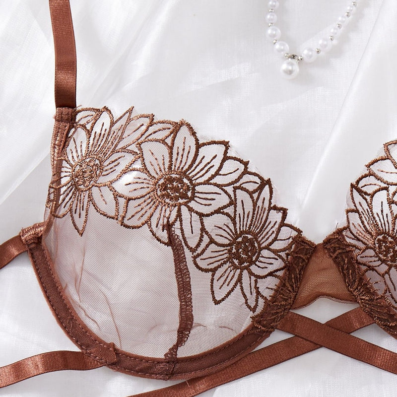Embroidered Sexy Bra Women's Delicate Mesh Bra Comfortable Cotton Crotch Hollow Out Tempting Thong Set - BsBuy