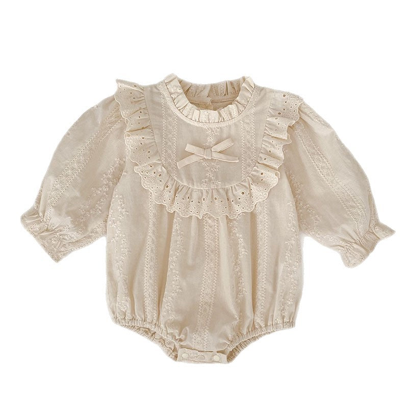 Spring and Autumn Baby Romper, Long Sleeve Embroidered Onesie with Lace Collar, Cotton Baby Outfit for Girls - BsBuy