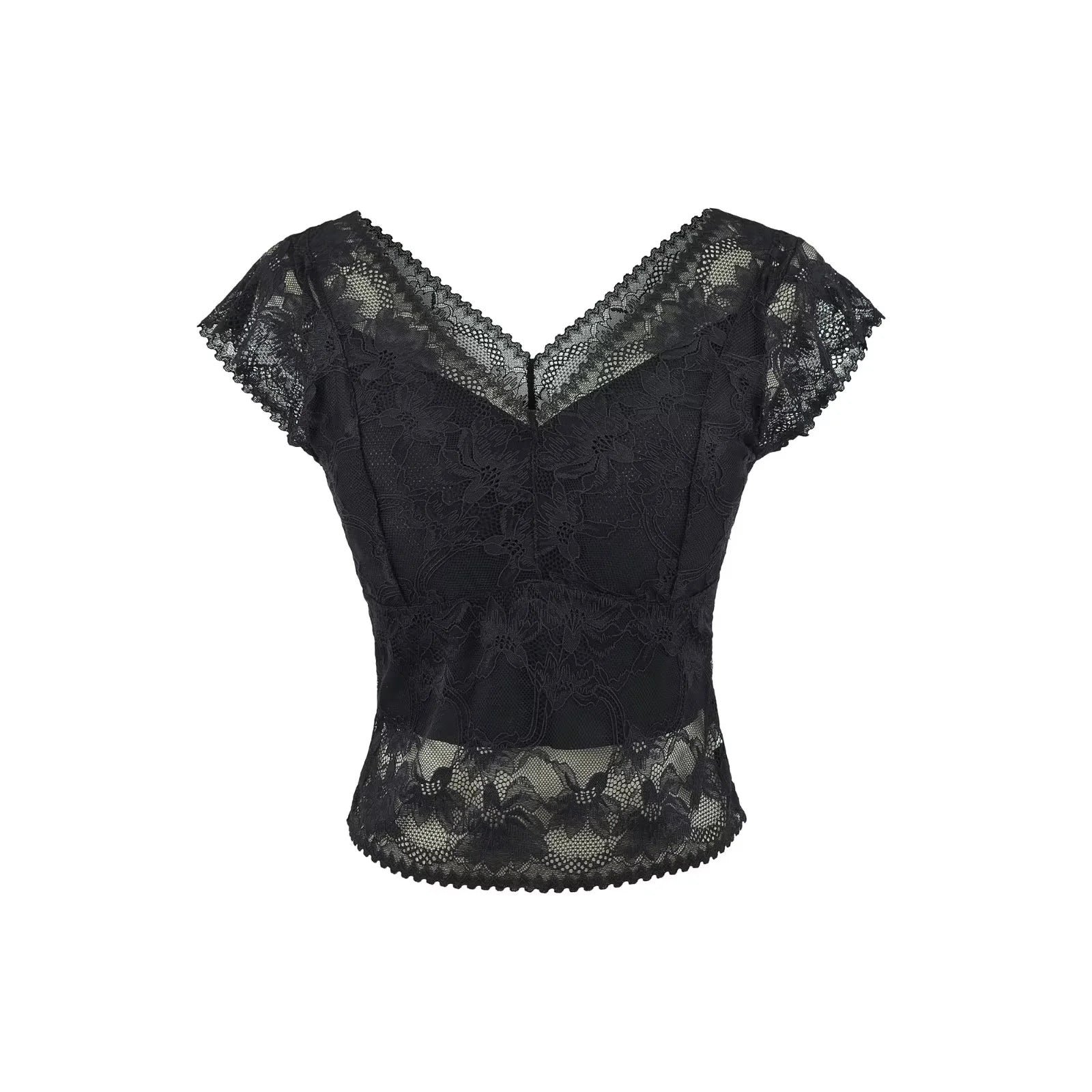 V-Neck Lace Top with Built-In Bra — No Bra Needed | Short Sleeve | White, Black & Apricot - BsBuy