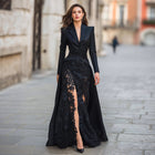 BsBuy Women's Lace Suit Collar Two-Piece Maxi Dress Set | High Waist | Long Sleeve | S–2XL