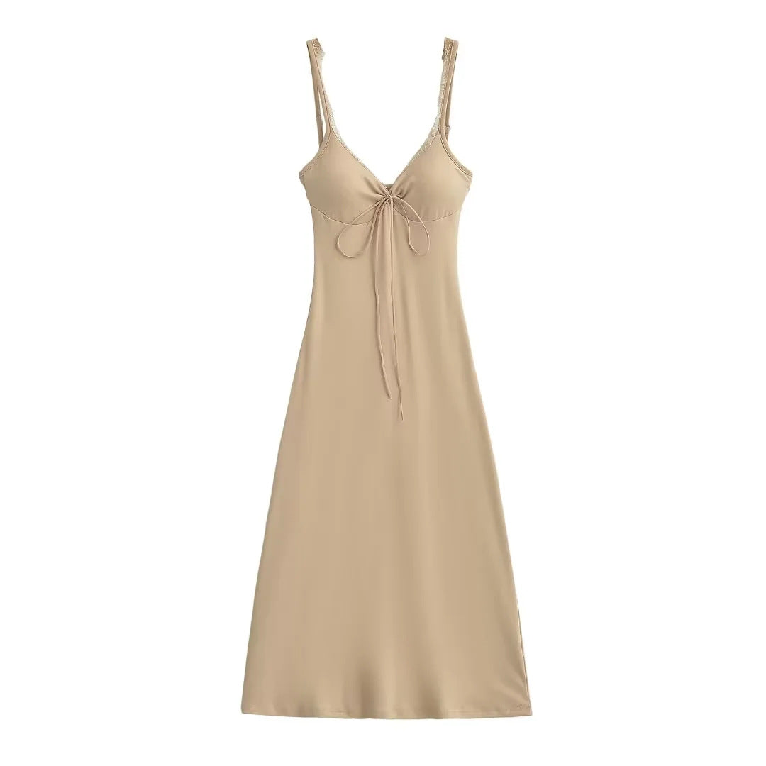 Long dress with bra pads lace trim and straps - BsBuy