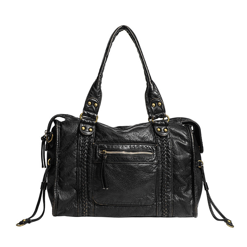 French retro motorcycle bag, single shoulder crossbody bag, tote bag, large capacity bag for women, washed bag - BsBuy