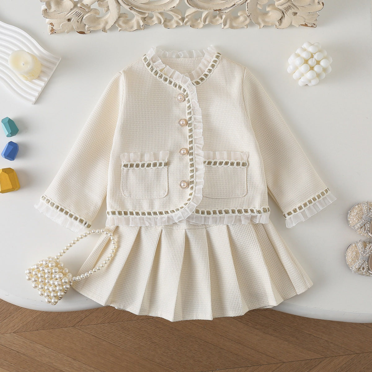 Girl's Chic Style Set Spring Autumn New Baby Girl Fashionable Long Sleeve Jacket Pleated Skirt Two-Piece Set - BsBuy