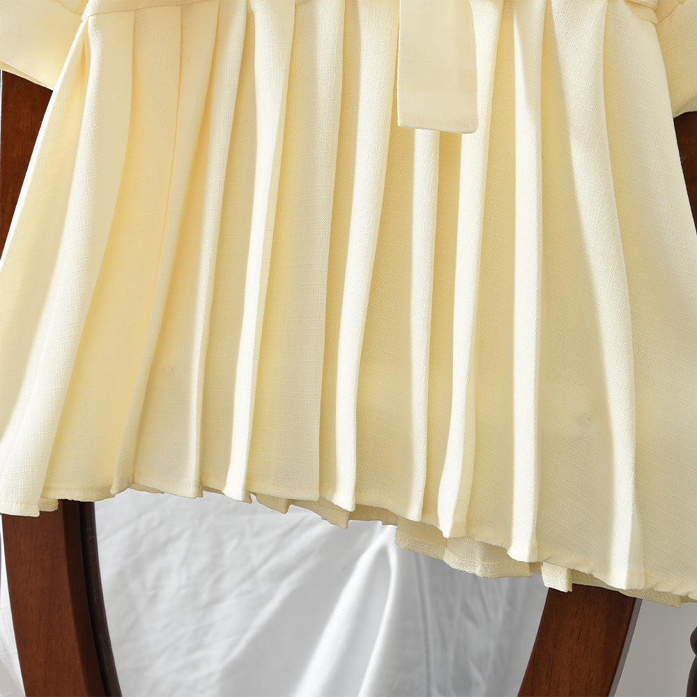 Simple Long Sleeve White Collar Pleated Dress with Belt for Girls ndashA-Line Dress - BsBuy