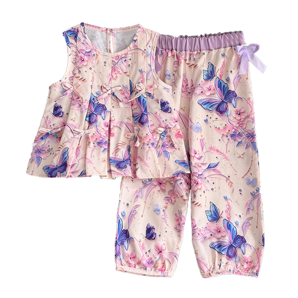Sleeveless Set Summer Lightweight Two-Piece Outfit with Bow Top and Long Pants for Kids - BsBuy