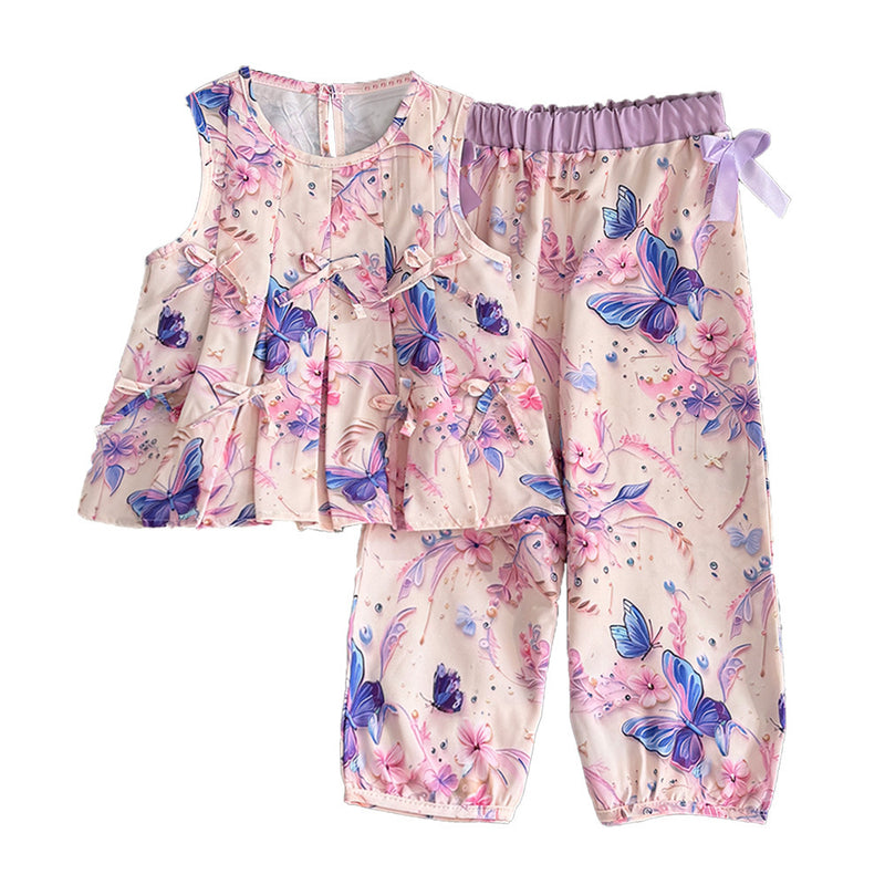 Sleeveless Set Summer Lightweight Two-Piece Outfit with Bow Top and Long Pants for Kids - BsBuy