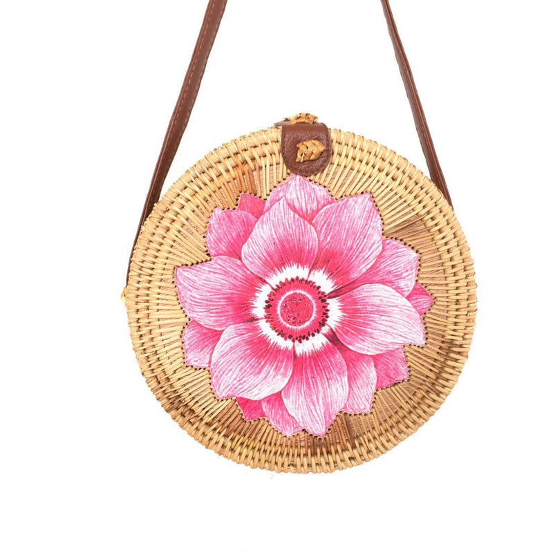Rattan Bag Vietnamese Handmade Pattern Straw Bag Summer Beach Bag Round Women's Shoulder Bag Messenger Bag - BsBuy