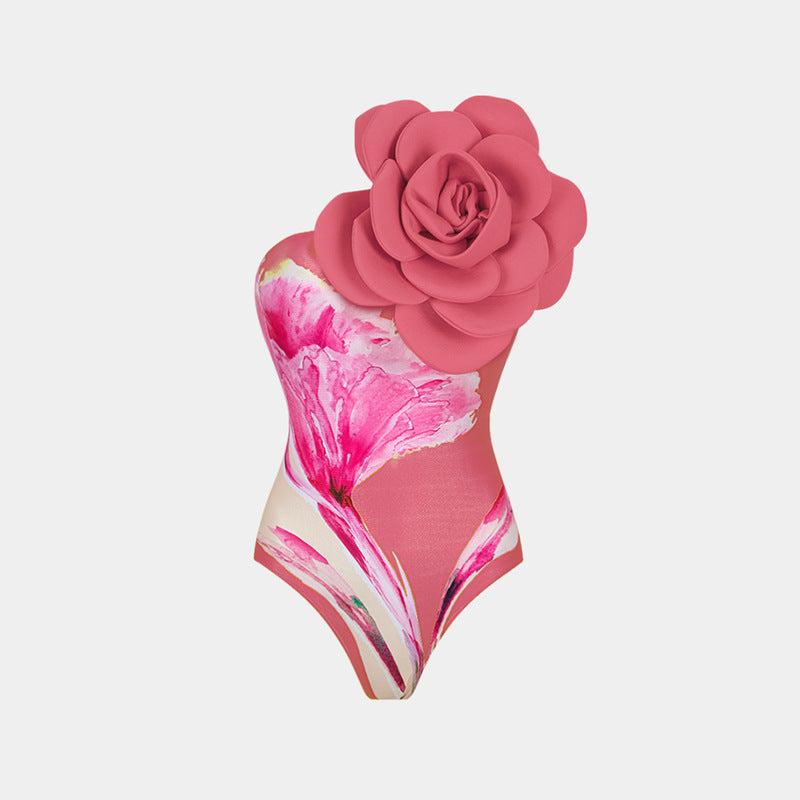 3D Floral Decoration Print Sleeveless One-Piece Full Coverage Women's Swimwear - BsBuy