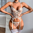 Floral Embroidery Mesh Bra Set — Steel Ring Fishbone Suspender | 2-Piece | Black, White & Red - BsBuy