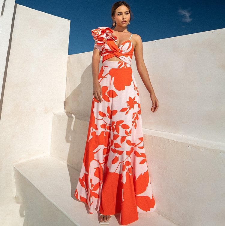 One-Shoulder Ruffle Swimsuit with Skirt — Printed Cut-Out One-Piece (S–XL) - BsBuy