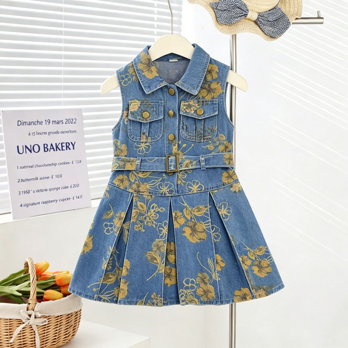 Girls' Sleeveless Denim Dress with Floral Print, High-Waisted Turn-Down Collar, Lightweight Backless Dress, Fashion Style - BsBuy
