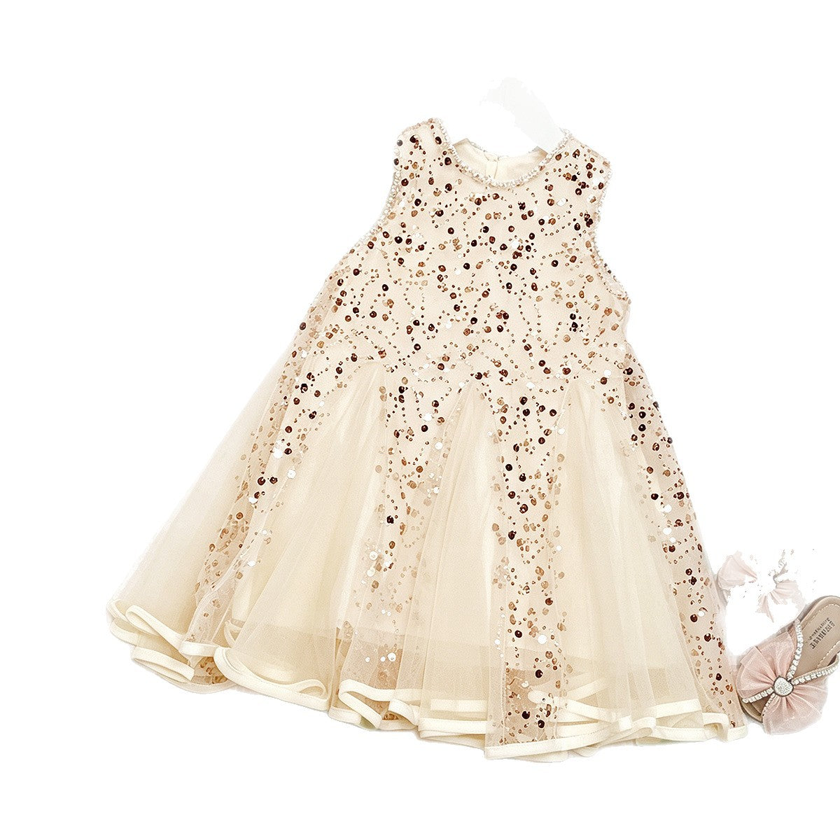 Chic Kids Dress with Rhinestones, Sleeveless Heart Neckline, A-Line, Party Dress for Girls, Includes Hair Clip - BsBuy