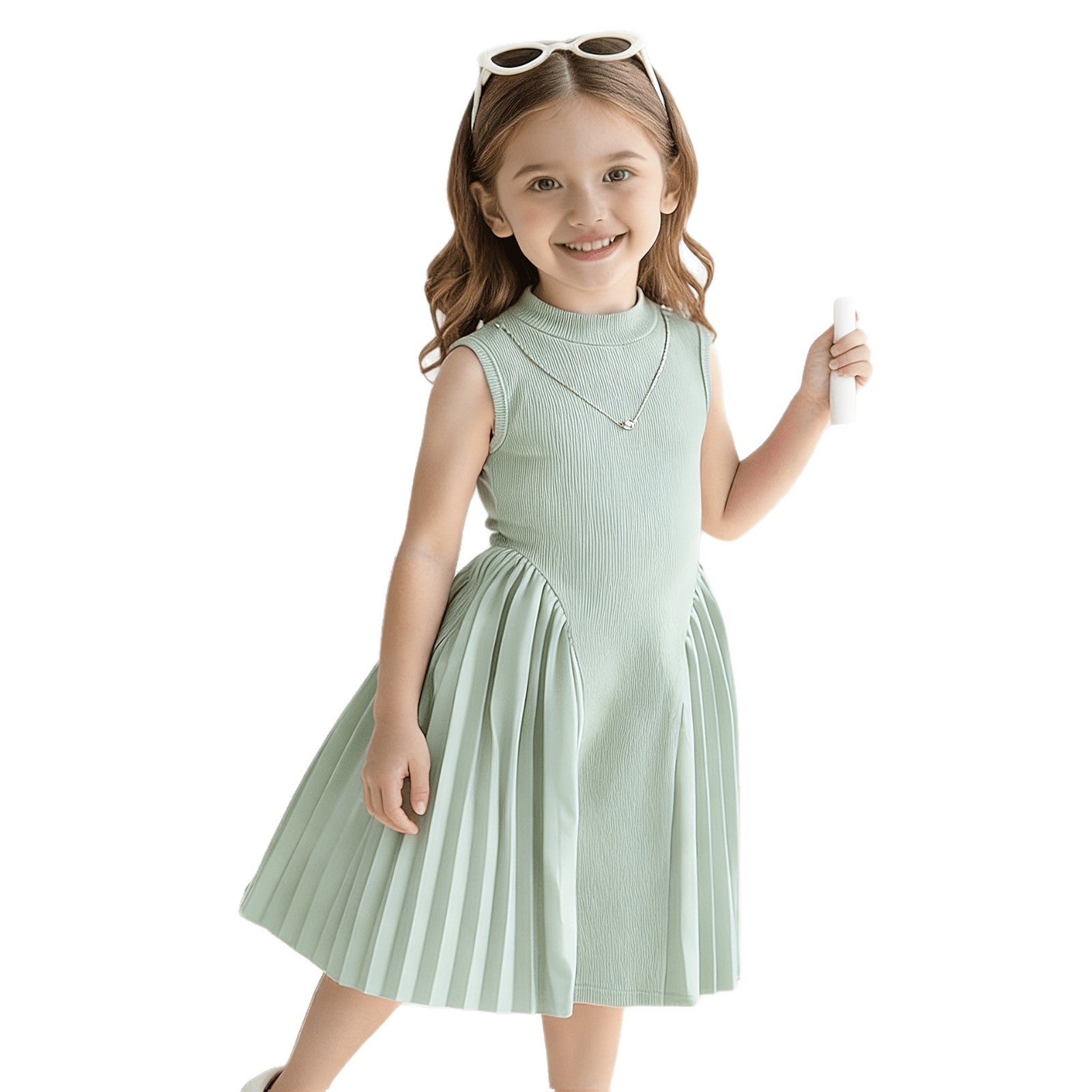 Charming Style Summer Pleated Spliced Waist-Cinching Sleeveless Dress with Necklace for Girls - BsBuy