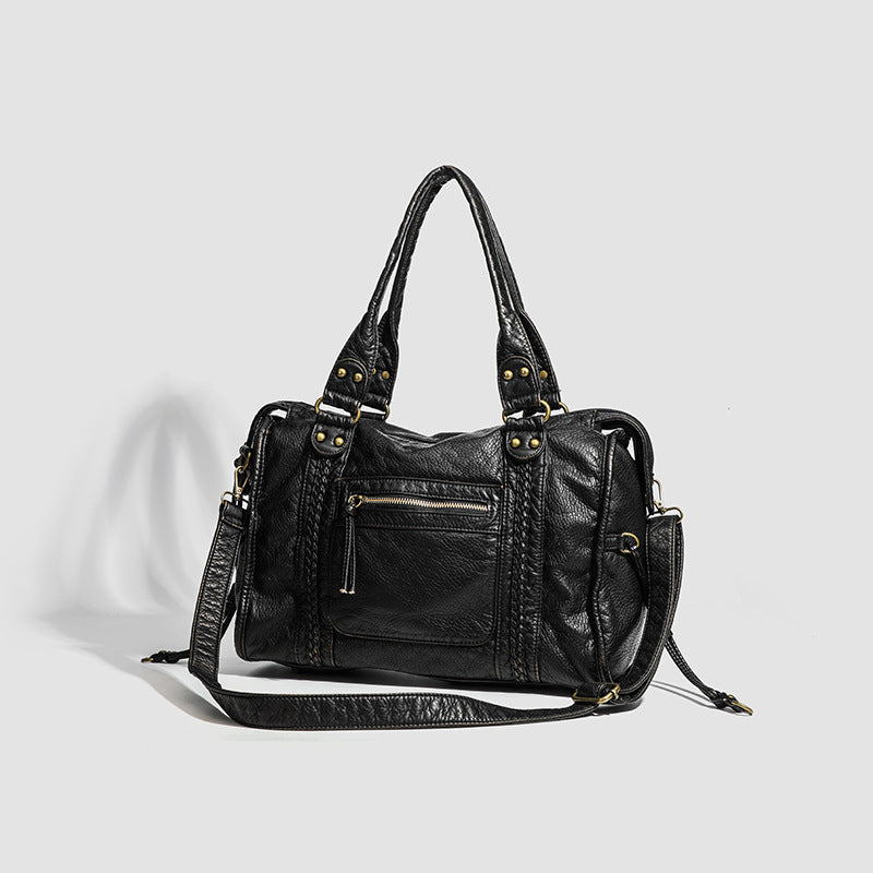 French retro motorcycle bag, single shoulder crossbody bag, tote bag, large capacity bag for women, washed bag - BsBuy