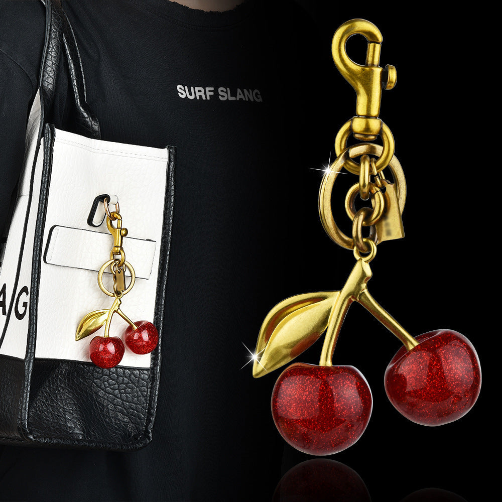 Crystal Cherry Keychain Bag Charm — Gold-Plated Alloy Luggage Pendant | Red & Pink - BsBuy