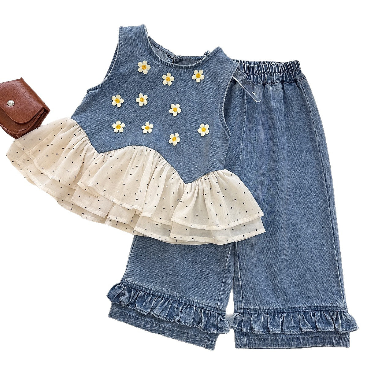 Girls' Denim Set Summer New Style Daisy Polka Dot Tulle Denim Vest and Wide Leg Pants Two-Piece Set - BsBuy