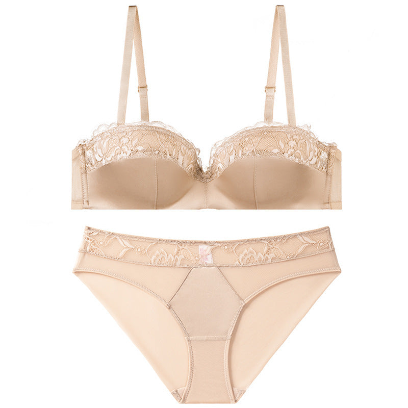 French Half-Cup Lace Gathering Bra Set — Seamless Smooth, Lift & Comfort | Pink, Nude, Red & Black - BsBuy
