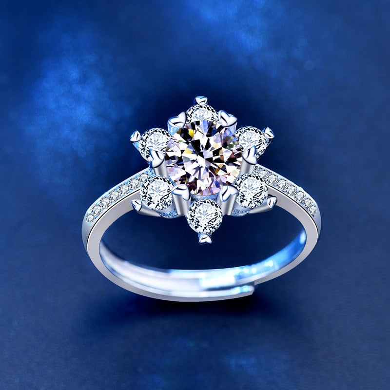 Snowflake Diamond-Style Crystal Sterling Silver Ring - BsBuy