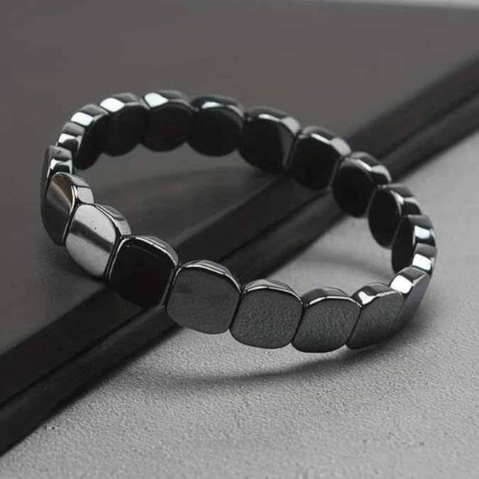 Black Onyx & Hematite Beaded Bracelet — Cubed Stone Braided Adjustable Jewellery for Men & Women