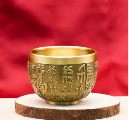 Copper Wine Cup Set - Large, Medium, Small - Pure Brass Antique Stemmed Cup for Offering, Feng Shui God of Wealth, Water Cup - BsBuy