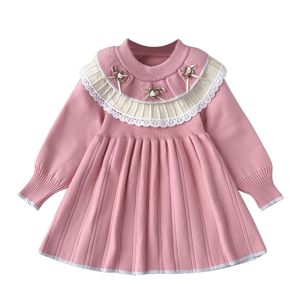 Cute Knit Dress for Girls with Flower Pattern, Long Sleeve Pullover Princess Style Casual Wear - BsBuy