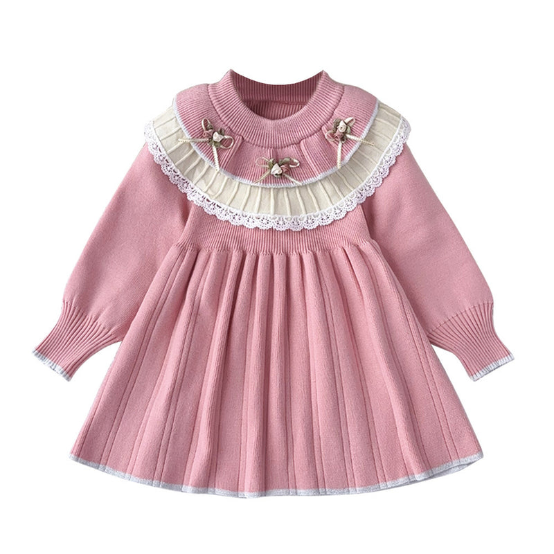 Cute Knit Dress for Girls with Flower Pattern, Long Sleeve Pullover Princess Style Casual Wear - BsBuy