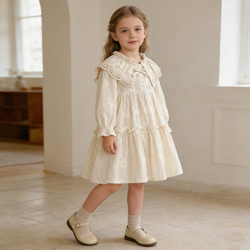Girls' Dress Spring Autumn New French Lace Trim Large Turn-Down Collar Long Sleeve Princess Dress Children's Clothing - BsBuy