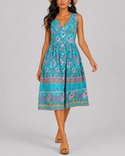 Women's Fashion Ethnic Style Blue Printed V-Neck Open Front Sleeveless Dress - BsBuy