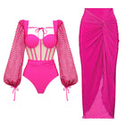Long Sleeve Bone Pattern Back Cut-Out One-Piece Swimsuit for Women - BsBuy