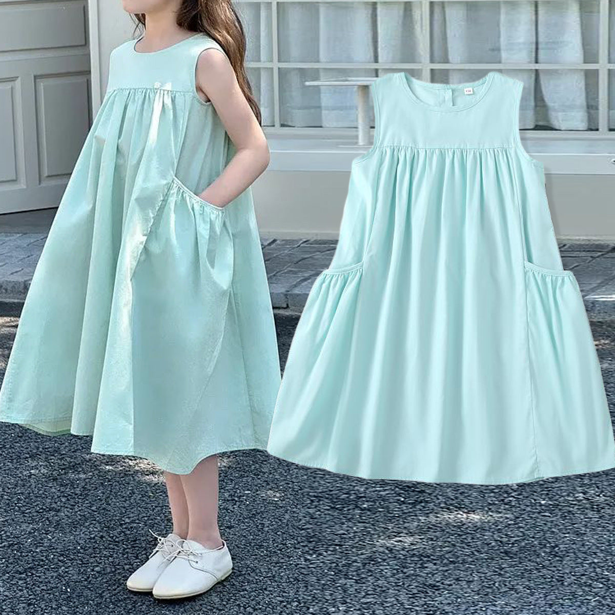 Fresh Mint Color Sleeveless Cotton Cool-Feeling A-Line Princess Dress - BsBuy