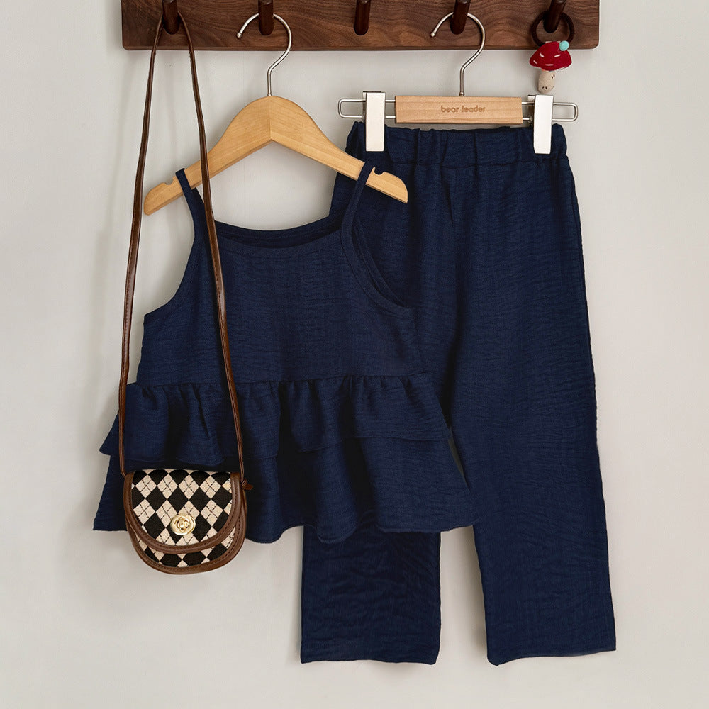 Cute Two-Piece Set for Girls Summer Casual Crop Top and Wide Leg Pants Outfit Kids Clothing - BsBuy
