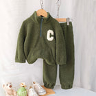 Fall Winter  Girls' Simple Letter Fleece High Neck Coat and Long Pants Two-Piece Set - BsBuy