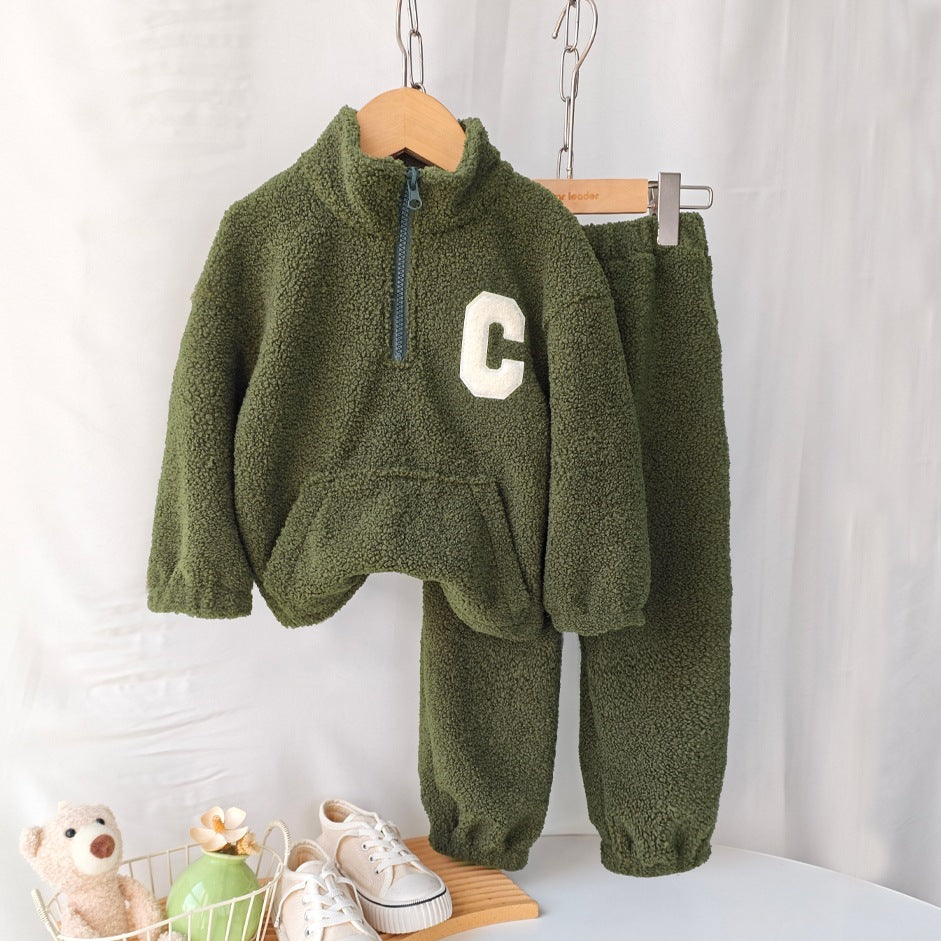 Fall Winter  Girls' Simple Letter Fleece High Neck Coat and Long Pants Two-Piece Set - BsBuy