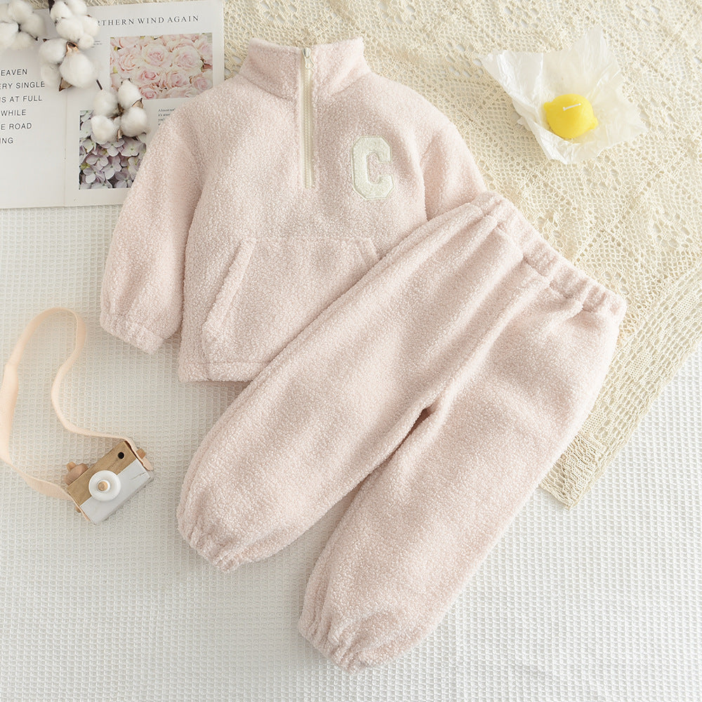 Fall Winter  Girls' Simple Letter Fleece High Neck Coat and Long Pants Two-Piece Set - BsBuy