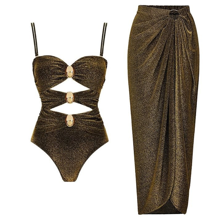 Hollow Metal Circle Buckle Decorated One-Piece Swimsuit Set for Women - BsBuy