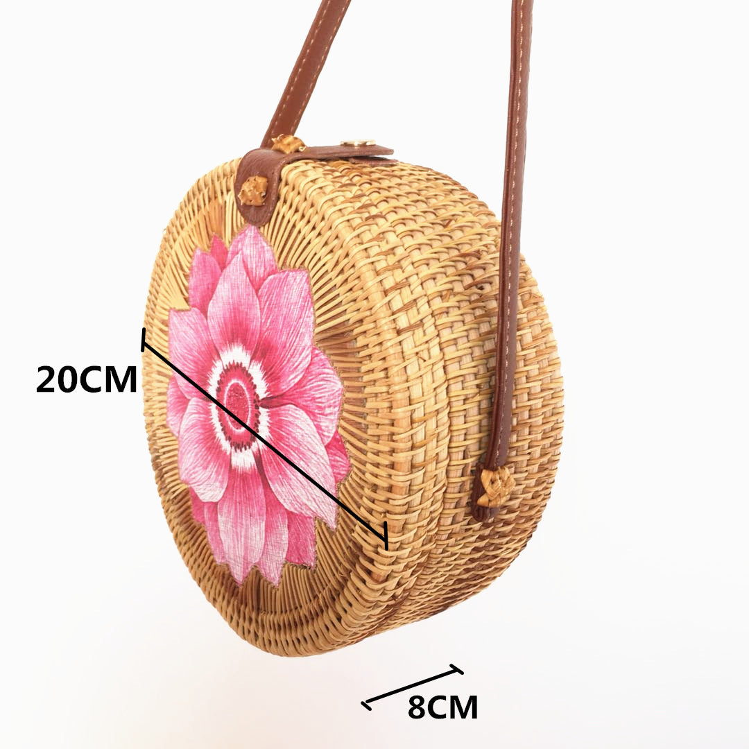 Rattan Bag Vietnamese Handmade Pattern Straw Bag Summer Beach Bag Round Women's Shoulder Bag Messenger Bag - BsBuy