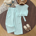 Casual Two-Piece Set for Girls Summer Sleeveless Top with Tie-Back Design and Straight-Leg Pants Mid to Large Size - BsBuy
