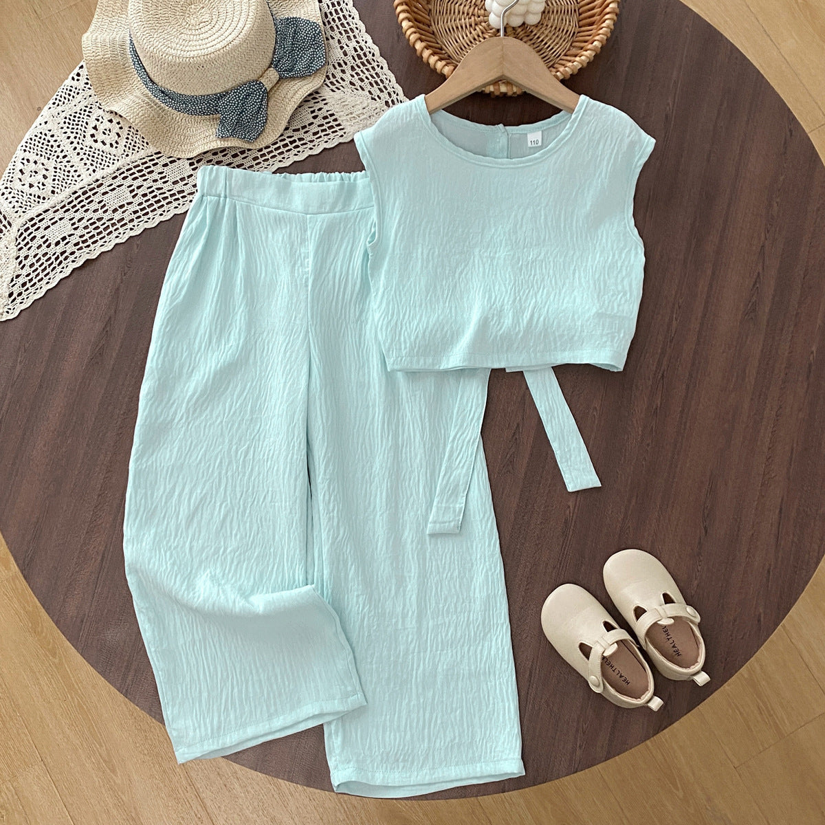 Casual Two-Piece Set for Girls Summer Sleeveless Top with Tie-Back Design and Straight-Leg Pants Mid to Large Size - BsBuy