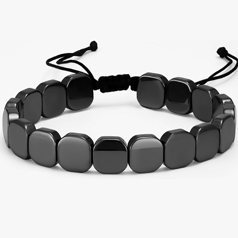 Black Onyx & Hematite Beaded Bracelet — Cubed Stone Braided Adjustable Jewellery for Men & Women