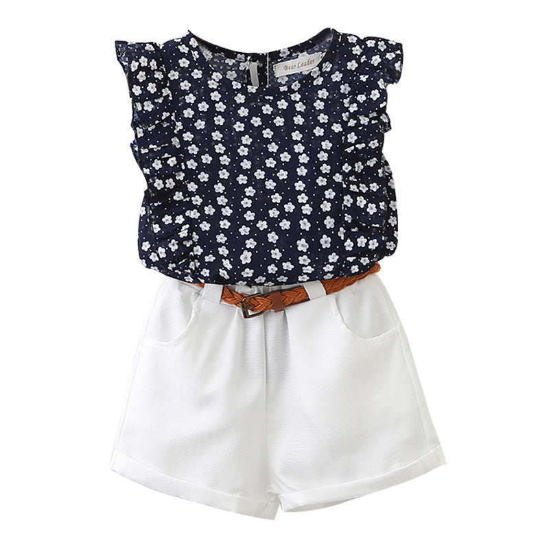 Style Spring Summer New  Girls' Floral Sleeveless T-Shirt with Shorts Fresh Set - BsBuy