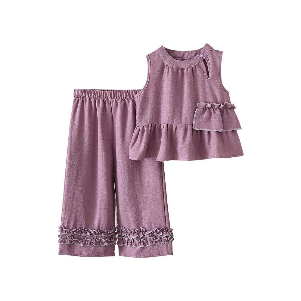 Girls' Outfit Summer Sleeveless Buttoned Vest with Ruffle Top and Wide-Leg Pants Two-Piece Set Fashion - BsBuy