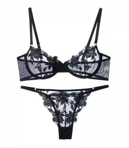 Sexy lingerie embroidery flower women's perspective mesh bra sexy bra underwear set - BsBuy
