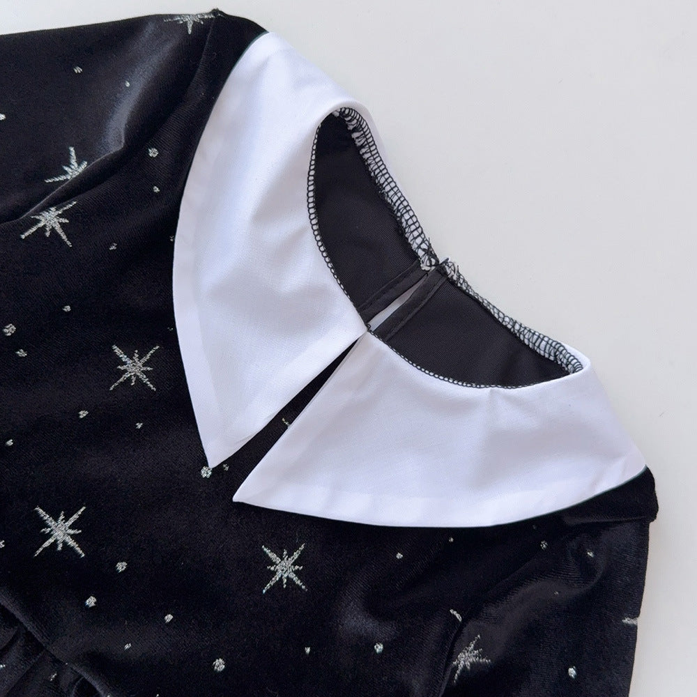 Clothing  Elegant Velvet Long Sleeve Dress with Glitter Star Print, Turn-Down Collar Princess Cut, Children's Formal Dress - BsBuy