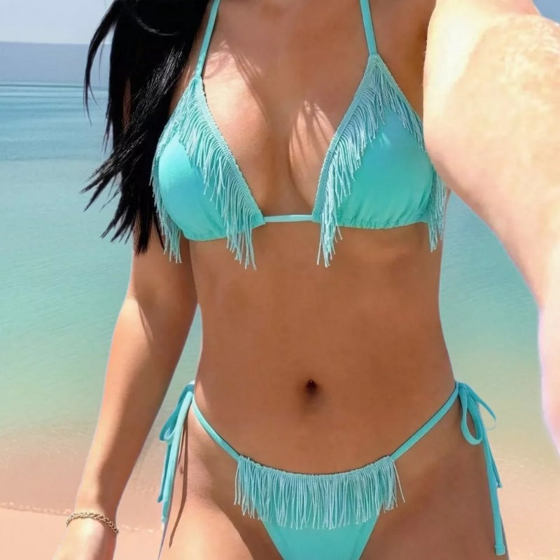 Lace-Up Split Swimsuit — Solid Colour Padded Bikini (S–XXL) - BsBuy